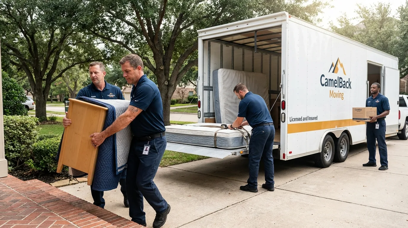 Crew loading residential truck for cross-state move from Cameron, WI