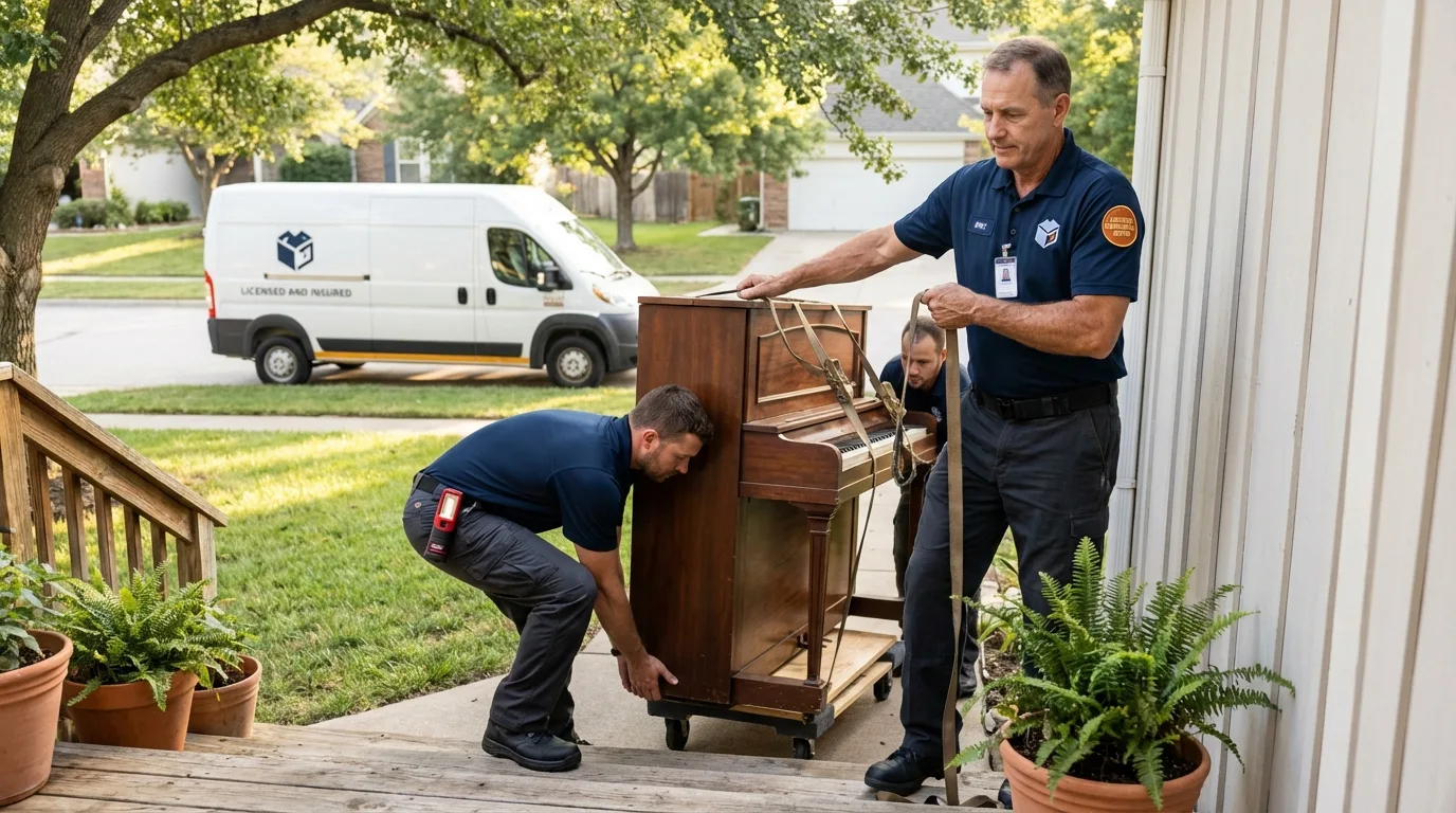 Licensed piano movers securing grand piano in Cameron, WI