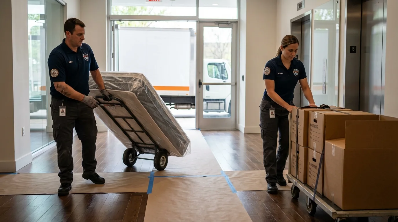 Professional apartment movers loading elevator in Cameron, WI