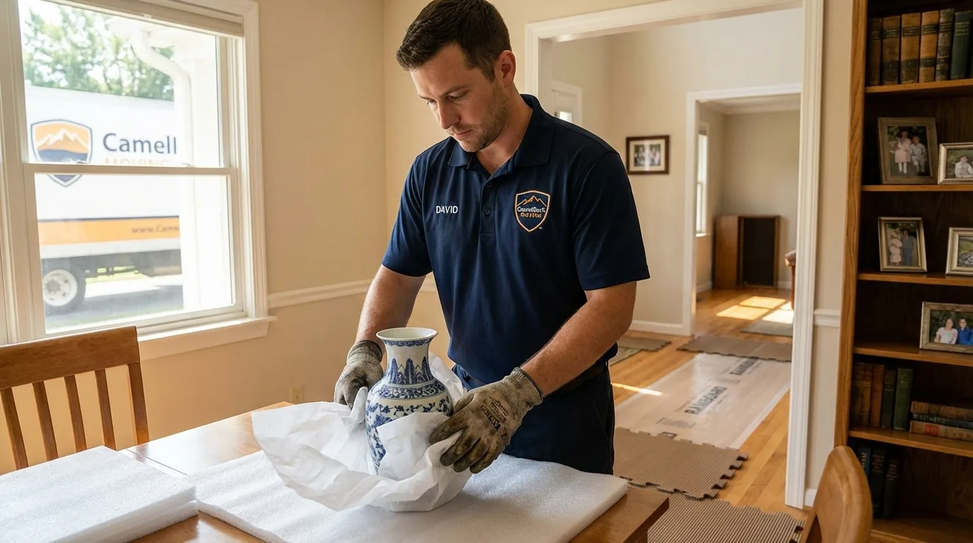 Professional crew carefully wrapping antique vase for senior downsizing move in Cameron, WI